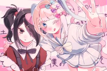 2girls ;q absurdres ame-chan_(needy_girl_overdose) black_eyes black_hair blonde_hair blue_bow blue_eyes blue_hair blue_serafuku blue_shirt blue_skirt bow chouzetsusaikawa_tenshi-chan collared_shirt commentary dual_persona hair_bow hair_ornament hair_over_one_eye heart highres leaning_forward long_hair long_sleeves looking_at_viewer miniskirt momora_men multicolored_hair multiple_girls multiple_hair_bows neck_ribbon needy_girl_overdose one_eye_closed pink_background pink_bow pink_hair pleated_skirt purple_bow quad_tails red_shirt ribbon sailor_collar school_uniform serafuku shirt skirt smile suspenders symbol-only_commentary tongue tongue_out twintails v x_hair_ornament