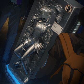 1girl absurdres android arms_up bag belt benezenesky cyborg dark_room defeat east-west_crossover empty_eyes english_text flat_chest formal_clothes frozen g-string girls'_frontline highres m200_(girls'_frontline) museum navel nipple_slip nipples orange_bag panties panty_pull petrification ribs robot robot_girl shirt shoes sign single_shoe skinny skirt soldier star_wars statue suit thighs thong thong_panties tomboy torn_clothes torn_shirt torn_skirt underwear