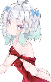 Rule 34 | 1girl, absurdres, ass, backless dress, backless outfit, bare shoulders, berrychan00, blue bow, bow, breasts, bright pupils, closed mouth, commentary, cowboy shot, dress, english commentary, from side, gradient hair, green hair, hair bow, hair ornament, highres, indie virtual youtuber, looking at viewer, medium breasts, mint fantome, multicolored hair, panties, red dress, short eyebrows, short hair, sleeveless, sleeveless dress, solo, strap slip, two-tone hair, underwear, virtual youtuber, white hair, white panties, white pupils, x hair ornament