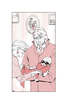 1boy 2girls baby beanie beard carrying_baby carrying_person coat diamond_wa_kudakenai earrings facial_hair family family_portrait glasses hakmonss hat highres jewelry jojo_no_kimyou_na_bouken joseph_joestar joseph_joestar_(old) kuujou_holly lisa_lisa monochrome multiple_girls necktie old old_man old_woman red_scarf scarf shizuka_joestar sunglasses suzi_q