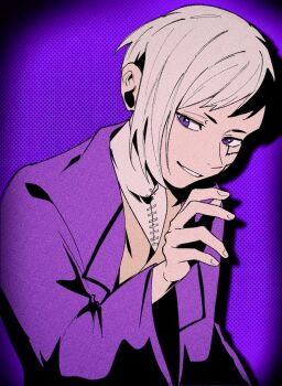 0a_9_(pixiv82791714) 1boy asagiri_gen asymmetrical_hair dr._stone grin hand_up hashtag-only_commentary jacket long_sleeves looking_at_viewer male_focus multicolored_hair purple_background purple_eyes purple_jacket shirt short_hair single_sidelock smile solo split-color_hair two-tone_hair upper_body vest white_hair white_shirt