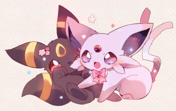 Rule 34 | :d, bow, bowtie, commentary request, espeon, gen 2 pokemon, nintendo, no humans, one eye closed, open mouth, pink bow, pink bowtie, pokemon, pokemon (creature), polka dot, polka dot background, purple eyes, red eyes, smile, umbreon, yellow background, yupo 0322