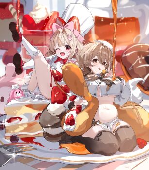 2girls apron belly black_shoes black_thighhighs bow bowtie bready_(nikke) breasts brown_eyes brown_hair cake cake_slice candy commentary cream_on_body crust_(nikke) donut dress english_commentary food food-themed_hair_ornament food_on_body fork fruit goddess_of_victory:_nikke grey_neckerchief grey_skirt hair_bow hair_ornament hat highres holding holding_candy holding_food holding_lollipop large_breasts lollipop long_hair low_twintails medium_hair multiple_girls neckerchief nekogayasan open_mouth oversized_food oversized_object panties pink_bow plate plump rabbit_hair_ornament red_bow red_bowtie red_eyes red_shoes shirt shoes sitting skirt smile socks strawberry strawberry_hair_ornament syrup thick_thighs thighhighs thighs tongue tongue_out twintails underwear waist_apron wariza whipped_cream white_dress white_hat white_panties white_shirt white_socks