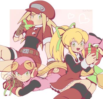 3girls :d artist_name ayla_kazemi bag blonde_hair bodysuit bow box brown_gloves chocolate closed_mouth commentary dress english_commentary gift gift_box gloves green_bow green_eyes hair_between_eyes hair_bow hat heart heart-shaped_box helmet highres holding holding_bag long_hair long_sleeves looking_at_viewer lying mega_man_(classic) mega_man_(series) mega_man_battle_network_(series) mega_man_legends_(series) multiple_girls netnavi on_stomach open_mouth pink_gloves pink_helmet ponytail red_dress red_hat red_shorts roll.exe_(mega_man) roll_(mega_man) roll_caskett_(mega_man) short_sleeves shorts sitting smile valentine
