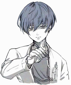 1boy blue_hair calyx_(ff14) commentary cropped_torso final_fantasy final_fantasy_xiv frown grey_eyes hair_between_eyes half-closed_eyes holding holding_stylus jacket lab_coat looking_at_viewer male_focus oimo_(motu_club) short_hair simple_background solo stylus symbol-only_commentary white_background white_jacket