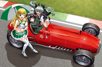 Rule 34 | 10s, anchovy (girls und panzer), anzio (emblem), black hair, blonde hair, braid, breasts, brown eyes, car, carpaccio (girls und panzer), cleavage, curly hair, emblem, ferrari, formula racer, girls und panzer, gloves, goggles, green eyes, green hair, grey hair, happy, holding, holding riding crop, italian flag, long hair, motor vehicle, necktie, on car, one eye closed, pepperoni (girls und panzer), race car, race queen, race vehicle, racecar, ribbon, riding crop, short hair, skirt, smile, taniguchi gou, twintails, umbrella, vehicle focus, whip