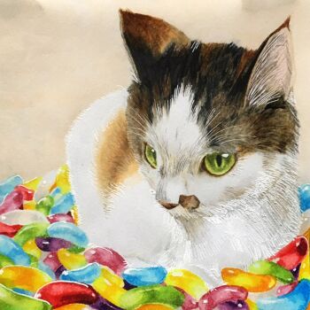 animal animal_ear_fluff animal_focus brown_background calico_(pattern) calico_cat candy cat commentary_request food green_eyes highres jelly_bean looking_at_viewer lying marker_(medium) multicolored_fur no_humans on_food original paper_texture ruchi_(nxje5533) slit_pupils traditional_media whiskers