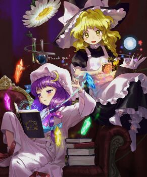2girls apron black_dress blonde_hair book bow braid commentary_request commission couch crescent crescent_hat_ornament crystal dress embodiment_of_scarlet_devil flask flower glowing grimoire hair_bow hat hat_bow hat_ornament highres holding holding_book kaigen_1025 kirisame_marisa magic magic_circle mini-hakkero mob_cap multiple_girls official_alternate_costume on_couch open_book open_mouth patchouli_knowledge pink_dress pink_hat purple_eyes purple_hair reading round-bottom_flask side_braid single_braid sitting skeb_commission socks sweatdrop test_tube touhou white_apron white_bow white_flower white_socks witch_hat yellow_eyes