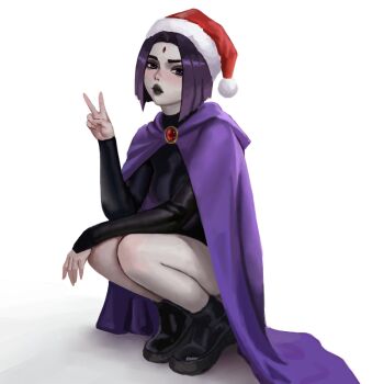 1girl akinoshi_art bare_legs black_boots black_leotard black_lips blush boots brooch cloak colored_skin commentary dc_comics english_commentary forehead_jewel full_body grey_skin hand_up hat highres hood hood_down hooded_cloak jewelry leotard long_sleeves purple_cloak purple_eyes purple_hair raven_(dc) red_hat santa_hat simple_background solo squatting superhero_costume teen_titans v white_background