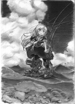 1girl blush cloud commentary_request cumulonimbus_cloud fishing_rod full_body graphite_(medium) greyscale highres irogawara_naomitu kantai_collection kikuzuki_(kancolle) long_hair looking_to_the_side monochrome ocean rigging school_uniform serafuku skirt sky solo thighhighs traditional_media water waves wind