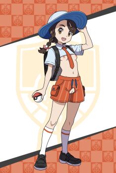 1girl :d adapted_costume backpack bag between_breasts black_shoes braid breasts brown_eyes brown_hair cleft_of_venus clothing_cutout crop_top crotch_cutout female_focus full_body functionally_nude hat highres holding holding_poke_ball hoshi_wo_miru juliana_(pokemon) loli matching_hair/eyes naranja_academy_school_uniform navel necktie necktie_between_breasts nintendo nipples no_panties open_mouth orange_necktie orange_shorts poke_ball poke_ball_(basic) pokemon pokemon_sv pussy revealing_clothes shoes shorts small_breasts smile socks solo standing teeth third-party_edit uncensored upper_teeth_only white_socks