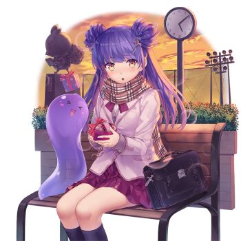 1girl arne_q_klose bag black_socks blunt_bangs bow bowtie box clock double_bun gift gift_box hair_bun jacket kneehighs long_hair on_bench park pink_bow pink_bowtie pink_jacket pink_skirt plaid_clothes plaid_scarf purple_hair scarf school_bag school_uniform sitting skirt slime_(creature) socks twilight uchi_no_hime-sama_ga_ichiban_kawaii yellow_eyes