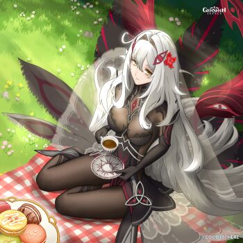 1girl absurdly_long_hair absurdres black_dress black_gloves bodystocking breasts coffee cowlick cup dress eye_symbol flower food genshin_impact gloves grass hair_flower hair_intakes hair_ornament highres holding holding_cup holding_plate large_breasts light_rays light_smile long_hair looking_at_viewer macaron picnic picnic_blanket pink_flower plate red_flower ronova_(genshin_impact) sitting solo sunlight teacup very_long_hair white_hair yahiko_karudea yellow_eyes yellow_flower yokozuwari