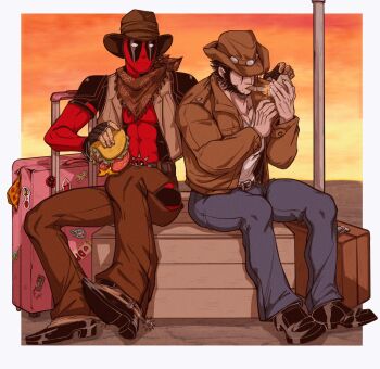 2boys bandana belt black_hair blue_pants bodysuit boots brown_hair brown_hat brown_jacket chaps cigar commentary_request cowboy cowboy_boots cowboy_hat deadpool deadpool_(series) facial_hair fingerless_gloves food full_body gloves hat highres holding holding_food jacket looking_at_another male_focus marvel mask matchbox matches mouth_hold multiple_boys muscular muscular_male open_clothes pants red_bodysuit red_mask rolling_suitcase sitting siyi1996 spurs sticker suitcase taco teeth utility_belt vest western wolverine_(x-men) x-men yaoi