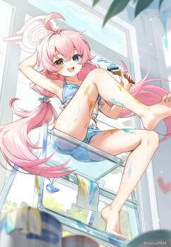 Rule 34 | 1girl, :d, ahoge, alternate costume, arm up, armpits, bare legs, barefoot, belt, blue archive, blue belt, blue eyes, blue ribbon, blurry, blush, breasts, collarbone, crop top, day, denim, denim shorts, depth of field, eyelashes, fang, feet, floating hair, from below, full body, furrowed brow, hair between eyes, hair intakes, hair ribbon, hand on own head, hand up, hashtag-only commentary, heart, heterochromia, highres, holding, holding brush, hoshino (blue archive), icarus9854, indoors, ladder, legs, long hair, looking at viewer, low twintails, open mouth, paint splatter, pink hair, ribbon, shorts, sitting, skin fang, small breasts, smile, soles, solo, stepladder, sweat, thighs, toes, tsurime, twintails, twitter username, very long hair, window, yellow eyes