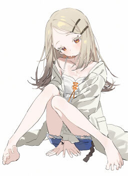 1girl barefoot blonde_hair blue_shorts brown_eyes camisole closed_mouth flat_chest full_body gakuen_idolmaster hair_ornament hairclip head_tilt highres idolmaster jacket knees_together_feet_apart knees_up long_hair looking_at_viewer measho parallel_hairclips parted_bangs shinosawa_hiro short_shorts shorts simple_background sitting solo thick_eyelashes toes white_background white_camisole white_jacket