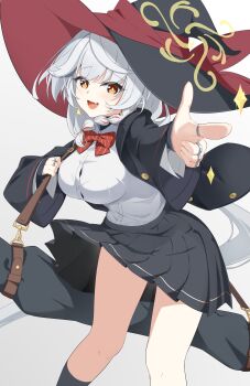 1girl absurdres black_hat black_jacket black_skirt blue_archive bow bowtie braid breasts button_gap buttons collared_shirt commentary diagonal-striped_bow diagonal-striped_bowtie diagonal-striped_clothes diamond_(shape) earrings eri_(blue_archive) fang finger_gun gold_trim grey_background hair_between_eyes halo hand_up hat hat_ribbon head_tilt highres holding_strap jacket jewelry kneehighs large_breasts long_hair long_sleeves low-tied_long_hair miniskirt multicolored_hair multiple_rings open_clothes open_jacket open_mouth orange_eyes oto_ichinana pleated_skirt pointing pointing_at_viewer red_bow red_bowtie red_ribbon red_streaks red_trim ribbon ring shirt shirt_tucked_in side_halo simple_background single_braid single_earring skin_fang skirt smile socks sparkle standing streaked_hair striped_bow striped_bowtie striped_clothes thighs tilted_halo triangle_earrings two-sided_fabric two-sided_headwear unbuttoned_jacket very_long_hair white_hair white_shirt witch_hat yellow_halo