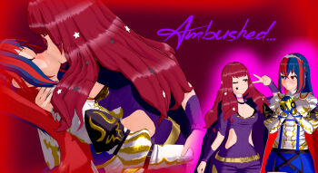 2girls 3d absurdres artist_request assertive_female blue_hair breasts cleavage english_text female_alear_(fire_emblem) fire_emblem fire_emblem_engage highres kiss large_breasts leaning_back leaning_forward long_hair medium_breasts multicolored_hair multiple_girls nintendo non-web_source red_hair very_long_hair yunaka_(fire_emblem) yuri