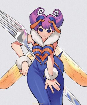 Rule 34 | 1girl, abdomen tail, antennae, arthropod girl, bare shoulders, bee girl, bee wings, black eyes, blue bodysuit, bodysuit, breasts, commentary, compound eyes, cowboy shot, darkstalkers, extra eyes, fork, fur-trimmed wrist cuffs, fur trim, giant fork, hand on own hip, highres, insect girl, insect wings, medium breasts, multicolored bodysuit, orange bodysuit, oushiza towel, pantyhose, q-bee, sleeveless, sleeveless bodysuit, solo, stinger, transparent wings, two-tone bodysuit, wings, wrist cuffs