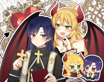 2girls ahoge behind_another blonde_hair blue_hair blush book breasts brown_eyes chibi chibi_inset chiwawa174 choker cleavage closed_mouth cross demon_girl demon_horns demon_tail demon_wings front-to-back green_eyes holding holding_book holding_cross horns hoshii_miki idolmaster idolmaster_(classic) kisaragi_chihaya long_hair long_sleeves looking_at_another multiple_girls open_mouth outline pointy_ears priest sweatdrop tail white_outline wings