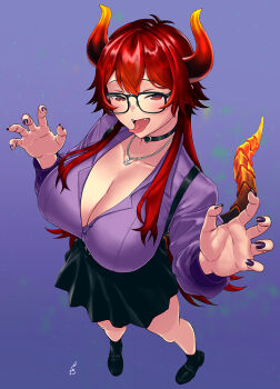 Rule 34 | 1girl, black-framed eyewear, black choker, black footwear, black skirt, black socks, breasts, choker, claw pose, cleavage, collarbone, collared shirt, dark red hair, dola (7th costume) (nijisanji), dola (nijisanji), dola (nijisanji) (7th costume), dragon girl, dragon horns, dragon tail, fangs, fingernails, from above, glasses, gradient horns, heart pendant, horns, huge breasts, jewelry, long hair, looking at viewer, maruyama rui, lava, multicolored horns, nail polish, nijisanji, open clothes, open mouth, open shirt, partially unbuttoned, pendant, purple nails, purple shirt, red eyes, red hair, seductive smile, shirt, signature, simple background, skirt, smile, socks, solo, standing, tail, tongue, tongue out, unbuttoned, unbuttoned shirt, very long hair, virtual youtuber