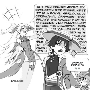 Rule 34 | 1girl, 2boys, arm at side, arms at sides, black bodysuit, blunt ends, bodysuit, bow, bowtie, bridal gauntlets, cape, chuunibyou, closed eyes, coattails, commentary, compression sleeve, covered collarbone, covered navel, detached collar, detached sleeves, dragon boy, dragon horns, durin (genshin impact), english commentary, facing up, fang, feathers, fischl (genshin impact), fishnet leotard, fishnets, garter belt, gem, genshin impact, gloves, greyscale, hair between eyes, hair bow, hand up, hat, head tilt, highres, horns, japanese clothes, jingasa, kimono, leotard, long hair, looking up, mandarin collar, melomisc, monochrome, multiple boys, navel, open clothes, open hands, open kimono, open mouth, own hands together, person on shoulder, pom pom (clothes), sanpaku, sash, scaramouche (genshin impact), shaded face, single glove, single leg pantyhose, single thighhigh, skin fang, skull emoji, sparkling eyes, speech bubble, tailcoat, teeth, thighhighs, tongue, twitter username, two side up, upper teeth only, vision (genshin impact), wanderer (genshin impact)