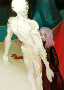 Rule 34 | 1boy, 1girl, absurdres, aqua eyes, astarion, baldur's gate, baldur's gate 3, blood, blood on clothes, blood on face, blood on hands, clothed female nude male, commentary, curly hair, deep wound, dungeons & dragons, dungeons &amp; dragons, english commentary, green eyes, heterochromia, highres, injury, kuzen, long hair, nude, pink hair, pointy ears, scar, scar on back, solo, tav (baldur's gate), zombie, zombification