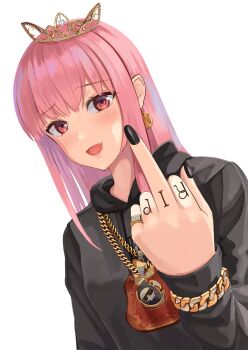 Rule 34 | 1girl, black hoodie, black nails, blush, bracelet, chain, commentary request, crown, death-sensei (mori calliope), earrings, fang, fingernails, highres, hololive, hololive english, hood, hood down, hoodie, jewelry, long hair, long sleeves, looking at viewer, middle finger, mori calliope, nail polish, open mouth, pink hair, profanity, red eyes, ring, shaketarako, simple background, smile, solo, straight hair, tiara, upper body, virtual youtuber, watch, white background