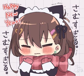 1girl =_= black_dress blush brown_hair chibi closed_eyes closed_mouth commentary_request dotted_line dress facing_viewer grid_background hair_between_eyes hair_ornament hairclip happy_new_year heart heart_hair_ornament long_sleeves maid maid_headdress maruma_(maruma_gic) mittens new_year original pink_mittens pink_scarf plaid_clothes plaid_scarf scarf signature solo translation_request trembling unmoving_pattern upper_body wavy_mouth