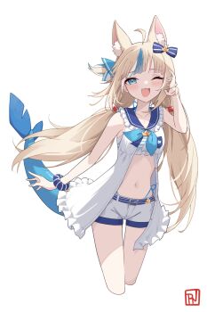 1girl :3 ahoge animal_ear_fluff animal_ears artist_logo bare_arms bikini blonde_hair blue_eyes blue_hair blue_neckerchief blue_sailor_collar blue_streaks bow buttons cat_ears collar commentary cropped_legs dress fang fins fish_girl fish_tail floating_hair hair_bow hand_up hashtag-only_commentary highleg highleg_bikini highres indie_virtual_youtuber lifebuoy_hair_ornament logo long_hair looking_at_viewer low_twintails multicolored_hair navel neckerchief one_eye_closed one_side_up open_mouth paper_boat profnote sailor_collar sameko_saba scrunchie short_shorts shorts simple_background sleeveless sleeveless_dress smile solo standing streaked_hair striped_bikini striped_clothes swimsuit tail tongue twintails unbuttoned very_long_hair virtual_youtuber white_background white_dress white_hair white_shorts white_streaks wrist_scrunchie