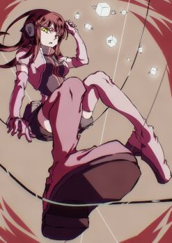 1girl boots breasts commentary elbow_gloves floating_hair gloves headphones holster holstered jacket katori_squad's_uniform katori_youko large_breasts long_hair looking_at_viewer mattari_555 purple_boots purple_gloves purple_jacket red_hair short_jumpsuit short_sleeves solo thigh_boots thigh_holster thighhighs weapon wire world_trigger yellow_background yellow_eyes