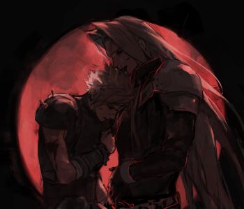 Rule 34 | 2boys, armor, belt, black background, blood, blood on arm, blood on face, closed mouth, cloud strife, coat, collared coat, commentary, curtained hair, english commentary, final fantasy, final fantasy vii, full moon, hand on own chest, highres, injury, junimo30669, long hair, long sleeves, male focus, moon, multiple boys, pauldrons, sephiroth, short hair, shoulder armor, smile, spiked hair, very long hair