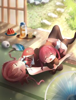 Rule 34 | 1girl, absurdres, animal costume, arm hug, bear costume, blush, breasts, brown thighhighs, closed mouth, cropped jacket, cup, drooling, electric fan, food, fruit, full body, hand fan, highres, hololive, houshou kumarine, houshou marine, jacket, jar, knee up, large breasts, lying, medium hair, mouth drool, on back, paper fan, plate, red hair, red jacket, sleeping, sleeping on person, smile, stone walkway, tea, thighhighs, twintails, user rvep5578, virtual youtuber, watermelon, watermelon slice