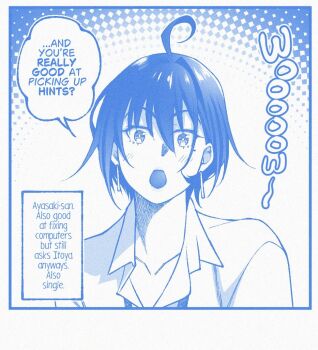 1girl :o ahoge blue_theme choppy_bangs collared_shirt earrings english_text hair_between_eyes jewelry looking_at_viewer mole mole_under_eye monochrome open_mouth original shirt short_hair solo speech_bubble studionice2011 talking