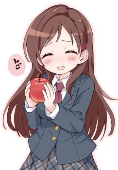 Rule 34 | 1girl, ahoge, apple, blazer, blush, brown hair, closed eyes, collared shirt, female focus, food, fruit, hair ornament, hairpin, holding, holding food, holding fruit, idolmaster, idolmaster cinderella girls, jacket, long hair, necktie, open mouth, shirt, simple background, skirt, smile, solo, speech bubble, tadanoshi kabane, tsujino akari, upper body, white background