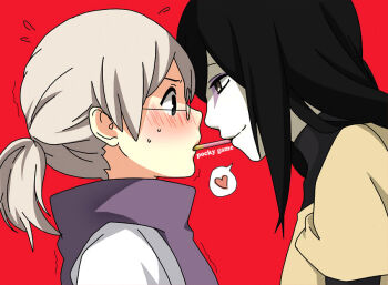 2boys age_difference artemis-girl black_hair blush food food_in_mouth grey_hair hair_tied_back heart layered_sleeves long_sleeves looking_at_another master_and_pupil motion_lines multiple_boys naruto_(series) naruto_shippuuden nervous_sweating orochimaru_(naruto) pale_skin pocky pocky_in_mouth red_background round_eyewear short_over_long_sleeves short_sleeves short_sleeves_under_sleeveless slit_pupils speech_bubble spoken_heart sweat sweatdrop teacher_and_student yakushi_kabuto yellow_eyes