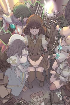 5girls arch_bishop_(ragnarok_online) black-framed_eyewear black_gloves blazer blue_dress book breasts brown_dress brown_hair brown_necktie brown_skirt cable card chome_(umenigiri) cleavage cleavage_cutout clothing_cutout collared_shirt commentary_request cross curtains dress elly_(ragnarok_online) fingerless_gloves full_body fur_collar gem genetic_(ragnarok_online) glasses gloves green_hair grey_hair highres indoors jacket juliet_sleeves jumpsuit large_breasts long_hair long_sleeves looking_at_another mechanic_(ragnarok_online) medium_breasts medium_hair miniskirt multiple_girls necktie official_alternate_costume own_hands_together pointy_ears praying puffy_short_sleeves puffy_sleeves ragnarok_online red_eyes robot shirt short_hair short_sleeves sitting skirt solo_focus sorcerer_(ragnarok_online) two-tone_dress white_dress white_jacket white_jumpsuit white_shirt yellow_gemstone