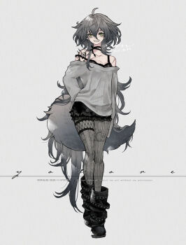 Rule 34 | 1girl, ahoge, bags under eyes, black boots, black bra, black skirt, boots, bra, breasts, commentary request, dated, full body, green eyes, grey background, grey hair, grey sweater, grey thighhighs, hand on own hip, highres, lips, looking ahead, medium breasts, medium hair, open mouth, original, ren-co, shoulder tattoo, signature, simple background, skirt, smile, solo, sweater, tail, tattoo, teeth, thighhighs, underwear, walking, wolf girl, wolf tail