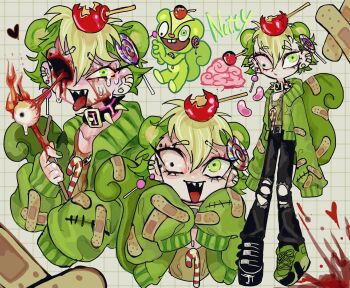 1boy :/ :d amatou_akuma animal_ears apple asymmetrical_footwear backpack bag bandaid bandaid_on_clothes bandaid_on_tail belt belt_collar black_collar black_eyes black_pants black_shoes black_sneakers blonde_hair blood blood_drip blood_on_face bloody_eye brain buckle candy candy_apple candy_apple_hair_ornament candy_cane character_name choker closed_mouth collar collarbone colored_shoe_soles crazy_eyes creature_and_personification cropped_torso crossed_bandaids ear_piercing earrings eye_gouging eye_piercing eyelashes fire food food-themed_hair_ornament food_on_head fruit full_body googly_eyes gouged_eye green_buckle green_eyes green_hair green_jacket green_lips green_nails green_shirt green_shoes green_sneakers green_theme grid_background guro hair_between_eyes hair_ornament happy_tree_friends heart heterochromia highres holding holding_stick holding_stuffed_toy injury crazy jacket jelly_bean jewelry lazy_eye leash lollipop long_sleeves looking_at_viewer male_focus multicolored_hair multiple_views nail_polish no_sclera nutty_(happy_tree_friends) object_on_head open_clothes open_jacket open_mouth original pants personification piercing reference_sheet sanpaku sharp_teeth shirt shoes short_hair simple_background sleeves_past_fingers sleeves_past_wrists smile sneakers solo spiked_collar spikes squirrel_boy squirrel_ears squirrel_tail standing stick stitches streaked_hair stuffed_animal stuffed_toy sweat tail tears teeth tiles tongue tongue_out torn_clothes torn_pants two-tone_hair upper_body white_background wide-eyed