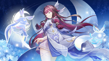 1girl 2others absurdres black_hair blue_flower closed_eyes closed_mouth columbina_(genshin_impact) crescent dress feathered_wings flower genshin_impact hair_ribbon head_wings highres kuuhenki_(genshin_impact) long_hair luonnotar_(genshin_impact) multiple_others multiple_wings pink_hair qiyanbujueshi ribbon sidelocks smile very_long_hair white_dress white_mask white_ribbon white_wings wings