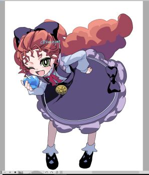 Rule 34 | 1girl, ;d, art program in frame, bent over, black shoes, bow, dress, full body, hair bow, hand on own hip, highres, hochun mieru, jewelry, long hair, long sleeves, necklace, one eye closed, open mouth, purple bow, purple dress, red hair, shi shoku, shoes, smile, socks, solo, standing, twitter username, very long hair, white socks, yu-gi-oh!, yu-gi-oh! arc-v