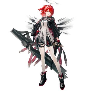 1girl ankle_boots arknights belt_pouch black_boots black_gloves black_jacket black_shorts boots breasts detached_wings drop_shadow energy_wings exusiai_(arknights) exusiai_the_new_covenant_(arknights) fingerless_gloves full_body gloves gun halo hands_on_own_hips huanxiang_heitu jacket kriss_vector legs_apart light_smile long_shirt long_sleeves looking_at_viewer medium_breasts medium_hair official_art orange_eyes pouch railgun red_hair shirt short_hair shorts side_ponytail simple_background solo submachine_gun swept_bangs tachi-e thigh_pouch thigh_strap thighhighs third-party_source three-finger_salute traditional_halo transparent_background weapon white_halo white_shirt white_thighhighs wings
