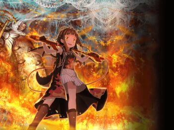 Rule 34 | 1girl, artist request, bare arms, bare shoulders, black coat, black gloves, black hair, black ribbon, black shirt, blunt bangs, boots, bow, bowtie, brown boots, cable, coat, collared shirt, colored tips, curtains, dot nose, feet out of frame, fire, flame print, flamethrower, game asset, gloves, gun, hair ribbon, high-waist skirt, high collar, holding, holding flamethrower, holding gun, holding weapon, knee boots, lace, long hair, looking ahead, magia record: mahou shoujo madoka magica gaiden, magical girl, mahou shoujo madoka magica, miniskirt, multicolored hair, official art, ooba juri, open clothes, open coat, open mouth, orange eyes, orange hair, outline, over shoulder, pleated skirt, ribbon, shirt, sidelocks, skirt, sleeveless, sleeveless coat, smile, solo, standing, striped clothes, striped skirt, tareme, v-shaped eyebrows, vertical-striped clothes, vertical-striped skirt, visual novel cg, weapon, weapon over shoulder, weapon request, white bow, white bowtie, white skirt, witch's labyrinth, witch (madoka magica), yellow outline