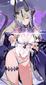 1girl arknights bare_shoulders blue_eyes breasts chongchongbao_mushi cleavage closed_mouth detached_sleeves dragon_horns green_eyes grey_hair hair_over_one_eye headgear highres horns long_hair looking_at_viewer medium_breasts necrass_(arknights) necrass_(summer_flowers)_(arknights) planetary_ring red_pupils skirt smile solo standing tail thigh_strap very_long_hair wide_sleeves