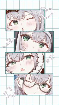 Rule 34 | 1girl, ;o, absurdres, black hairband, black veil, blush, commentary, cow hood, double-parted bangs, glasses, green eyes, grey hair, grid background, hairband, highres, hololive, looking at viewer, micro 0321, multiple views, one eye closed, shirogane noel, shirogane noel (1st costume), shirogane noel (battle nun), shirogane noel (casual), shirogane noel (dirndl), sideways glance, smile, untranslatable commentary, veil, virtual youtuber