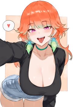 1girl absurdres alternate_costume bent_over black_shirt blue_shorts bluefield border breasts choker cleavage denim denim_shorts earrings feather_earrings feathers gradient_hair green_choker green_feathers green_hair hair_flaps heart highres hololive hololive_english jewelry large_breasts long_hair long_sleeves multicolored_hair open_mouth orange_hair outstretched_arm purple_eyes reaching reaching_towards_viewer scoop_neck shirt short_shorts shorts solo spoken_heart takanashi_kiara thigh_gap tongue tongue_out virtual_youtuber white_border