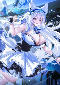 1girl absurdres alternate_costume animal_ear_fluff animal_ears arms_up artist_logo azur_lane blue_eyes breasts cake cake_slice cleavage clumsy commentary cup dress drinking_glass floating_hair food fox_ears fox_girl frilled_dress frilled_hairband frilled_wrist_cuffs frills furrowed_brow glint hairband highres holding holding_tray indoors large_breasts light_particles logo long_hair looking_at_viewer open_mouth peanut_mouth shelf shinano_(azur_lane) sleeveless sleeveless_dress solo stool tansuan_(ensj3875) thighs tray very_long_hair waitress white_dress white_hair wrist_cuffs
