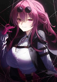 1girl absurdres black_jacket breasts collared_shirt eyewear_on_head gloves hair_between_eyes highres holding holding_string honkai:_star_rail honkai_(series) jacket kafka_(honkai:_star_rail) large_breasts long_hair long_sleeves looking_at_viewer luz0207 multiple_girls pantyhose purple_eyes purple_gloves purple_hair round_eyewear shirt smile solo string sunglasses white_shirt