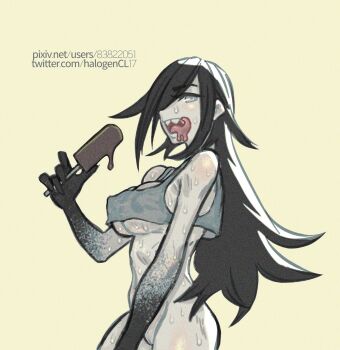 1girl artist_request food highres long_tongue marvel popsicle spider-man_(series) sweat symbiote tagme tongue venom_(marvel) very_sweaty