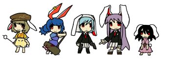 5girls :< absurdly_long_hair animal_ear_piercing animal_ears aoiseshin baggy_shorts bare_arms barefoot black_boots black_hair black_jacket black_shoes blazer blonde_hair blood bloody_weapon blue_dress blue_hair boots brown_hat carrot_necklace chibi closed_mouth collared_shirt commentary dango dot_nose dress dual_wielding ears_through_headwear english_commentary expressionless finger_gun flat_color floppy_ears food frilled_dress frilled_shorts frilled_sleeves frills frown gold_piercing grey_helmet grey_skirt gun hammer handgun happy hat height_difference helmet high-waist_shorts highres holding holding_gun holding_hammer holding_skewer holding_weapon inaba_tewi jacket jewelry kneehighs legs_apart long_dress long_hair long_sidelocks long_sleeves looking_at_viewer loose_socks medium_hair miniskirt multiple_girls necklace necktie newsboy_cap orange_shirt pink_dress pleated_skirt ponytail puffy_short_sleeves puffy_sleeves purple_hair rabbit_ears rabbit_girl rabbit_tail red_eyes red_necktie reisen_(touhou_bougetsushou) reisen_udongein_inaba ringo_(touhou) seiran_(touhou) shirt shoes short_sleeves shorts sidelocks simple_background skewer skirt smile socks standing straight_hair tabi tail thigh_boots touhou trait_connection tsukimi_dango turtleneck turtleneck_dress two-tone_shorts v-neck very_long_hair wagashi weapon white_background white_shirt white_shorts white_socks yellow_shorts